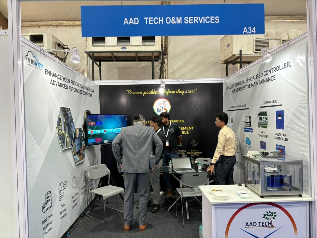 AAD Tech O&M Services exhibition booth showcasing HVAC automation, specialized controllers, IoT, and preventive maintenance solutions at stall A34.