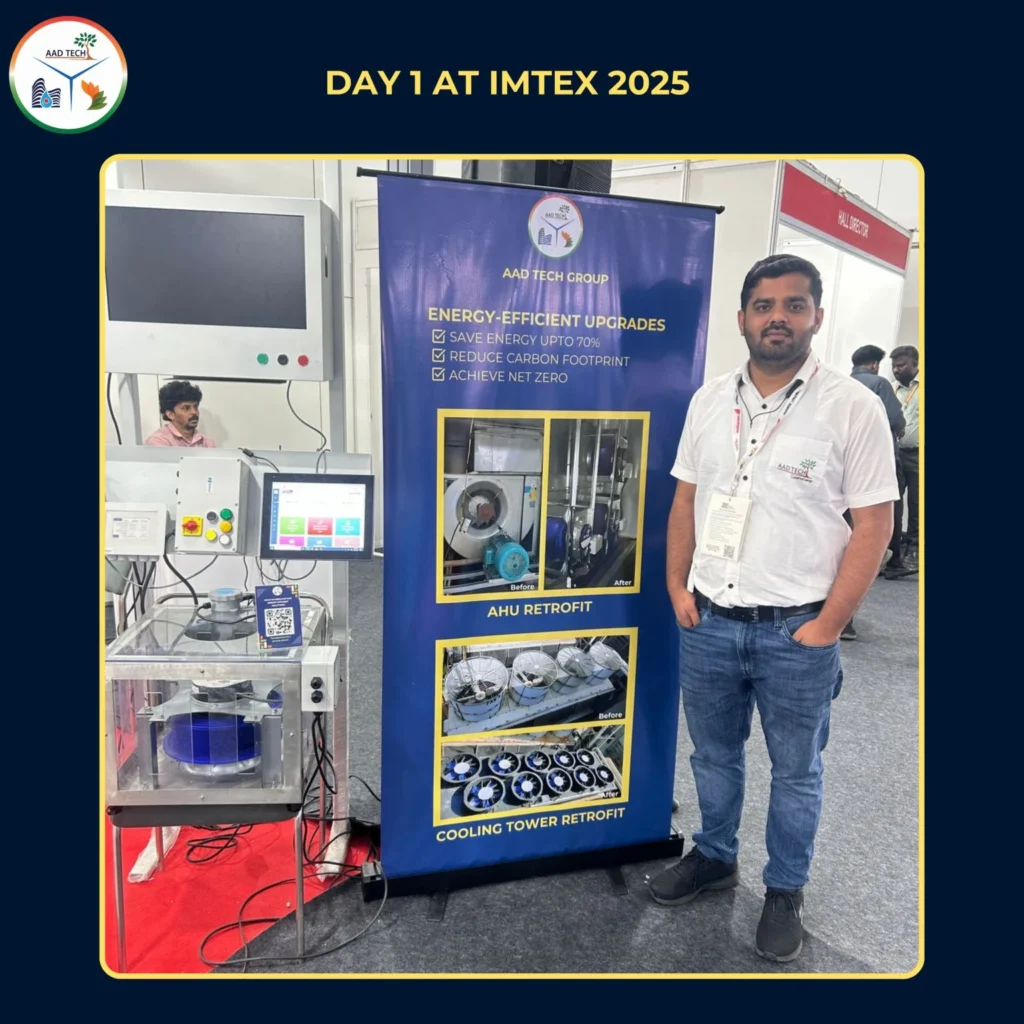 AAD Tech Group booth at IMTEX 2025 showcasing energy-efficient AHU and cooling tower retrofit solutions with live demo setup.
