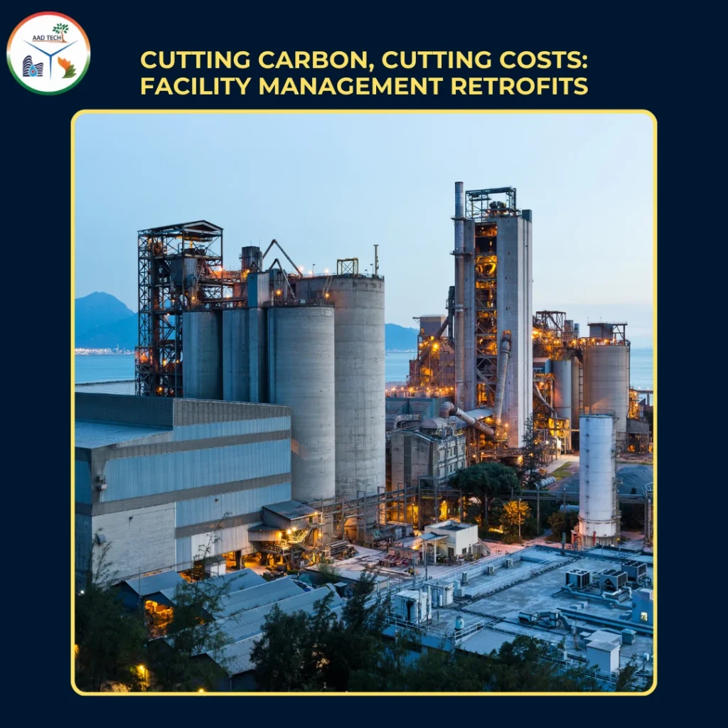 Industrial facility at dusk highlighting energy-efficient retrofit solutions for reducing carbon emissions and operational costs.