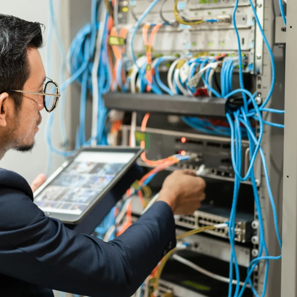 IT professional checking network cables and configuring a server rack using a tablet.