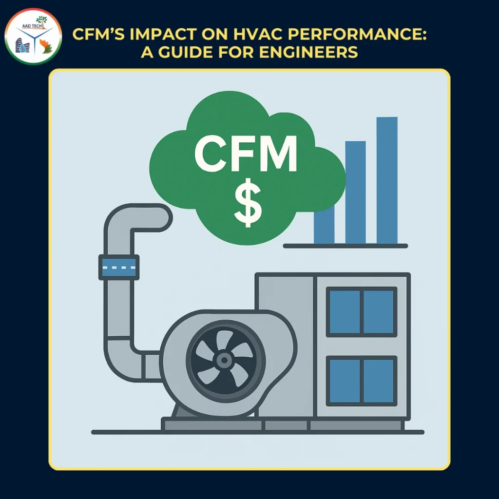 Illustration of HVAC system airflow showing CFM impact with fan, duct, dollar sign, and performance chart.