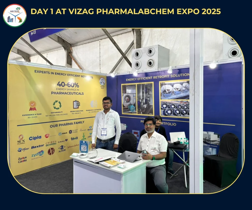 AAD Tech Group booth on Day 1 of Vizag PharmaLabChem Expo 2025 showcasing energy-efficient retrofit solutions for the pharmaceutical sector.