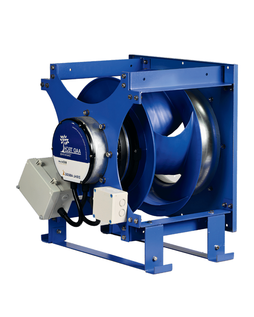 AAD Tech high-efficiency EC centrifugal fan with robust mounting frame for HVAC and industrial ventilation systems.
