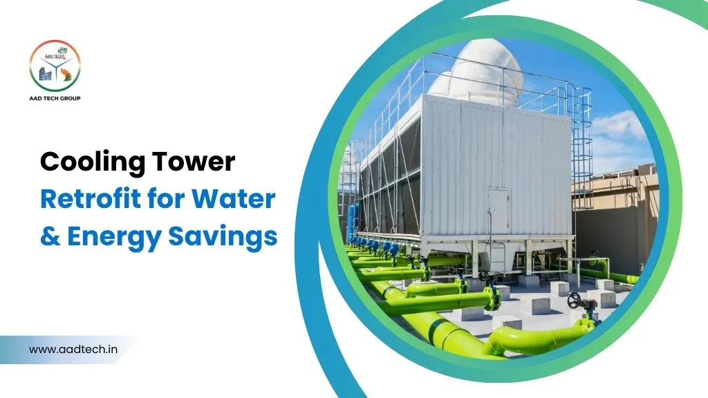 Large industrial cooling tower with green pipelines and external ladder setup under a clear blue sky.