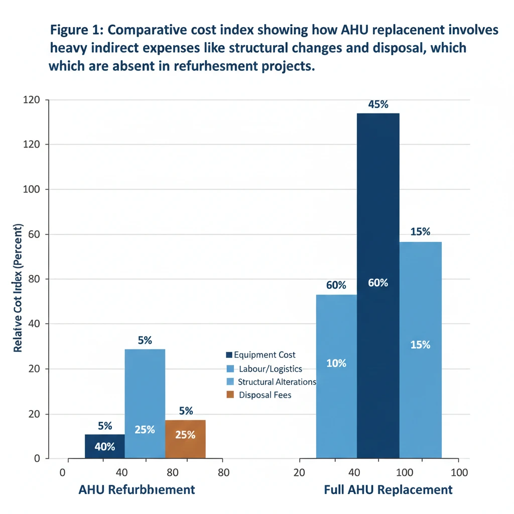 Comparative cost index chart showing AHU refurbishment vs full AHU replacement costs