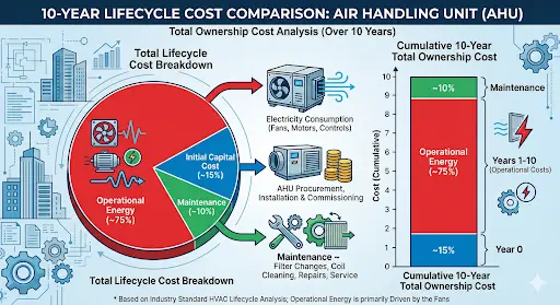 Graph showing cubic energy savings of EC fans vs belt-driven AC fans