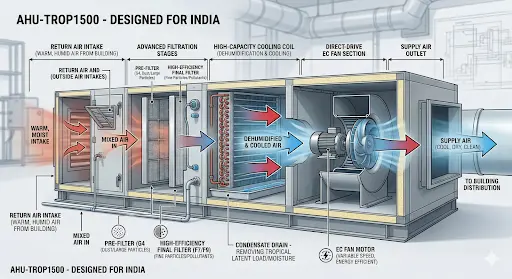 Internal working principle diagram of AHU-TROP1500 designed for tropical Indian climates