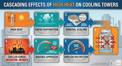 Infographic detailing the six-step cascading effects of high heat on cooling tower performance