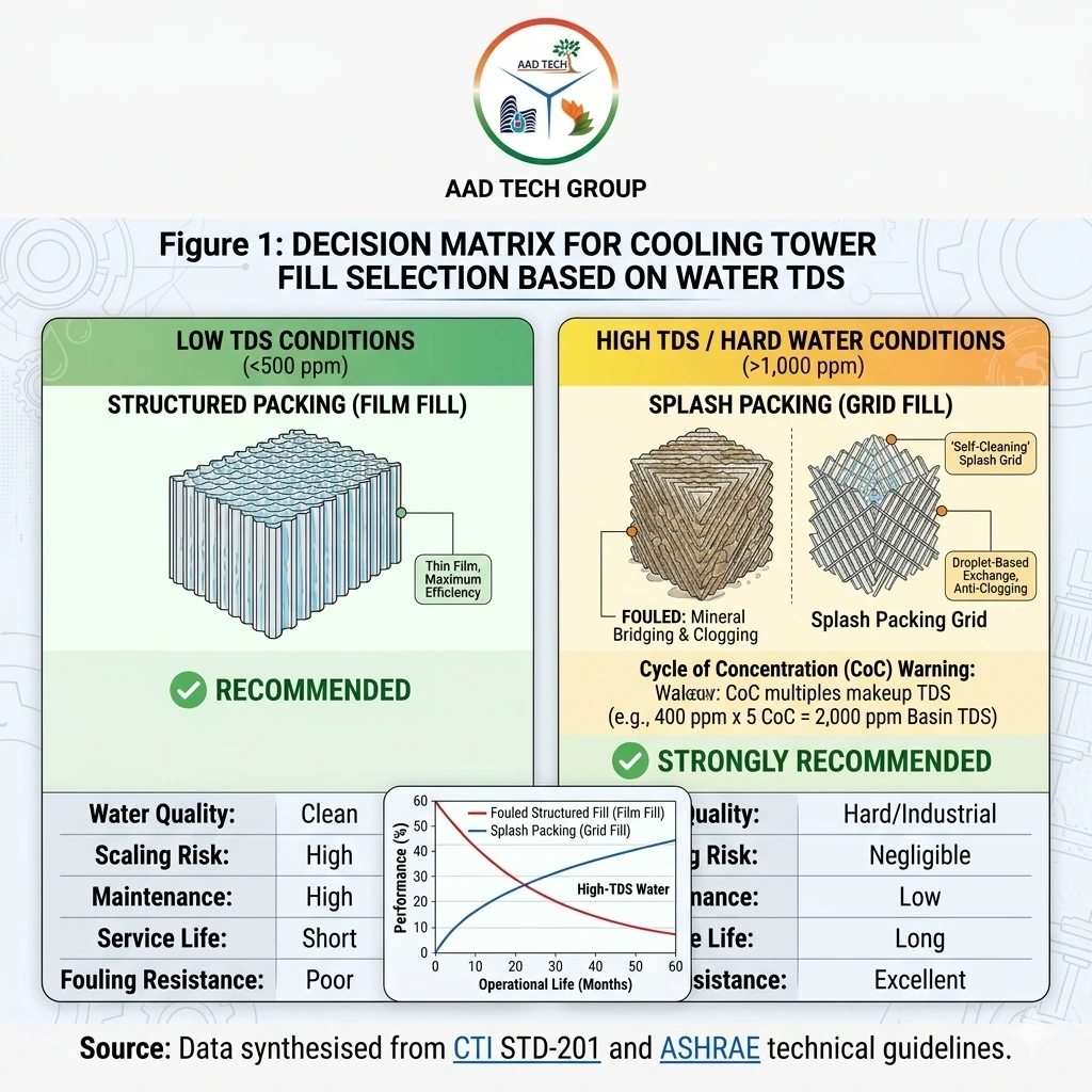 Cooling tower fill selection by water TDS
