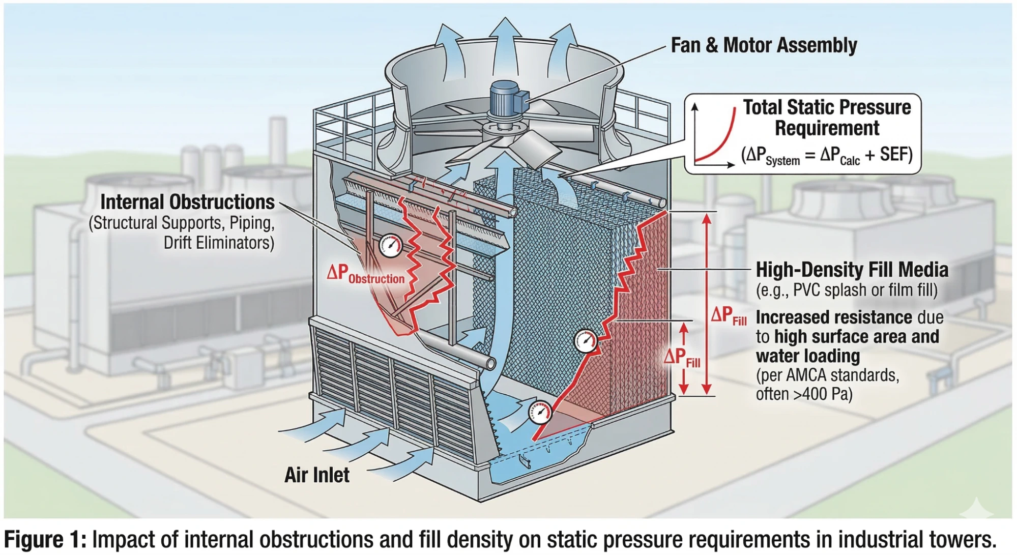 High static pressure fan in cooling tower system