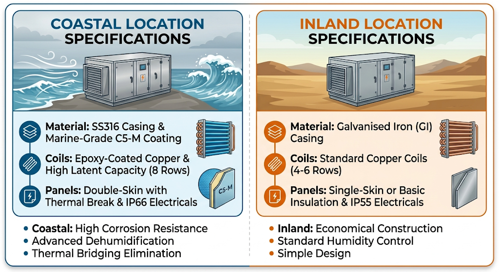 Infographic comparing coastal vs inland AHU specifications including materials, coils, and corrosion resistance.