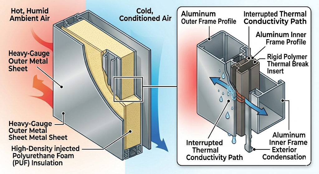 Cross section diagram of thermal break profile in AHU panel showing insulation and condensation prevention.