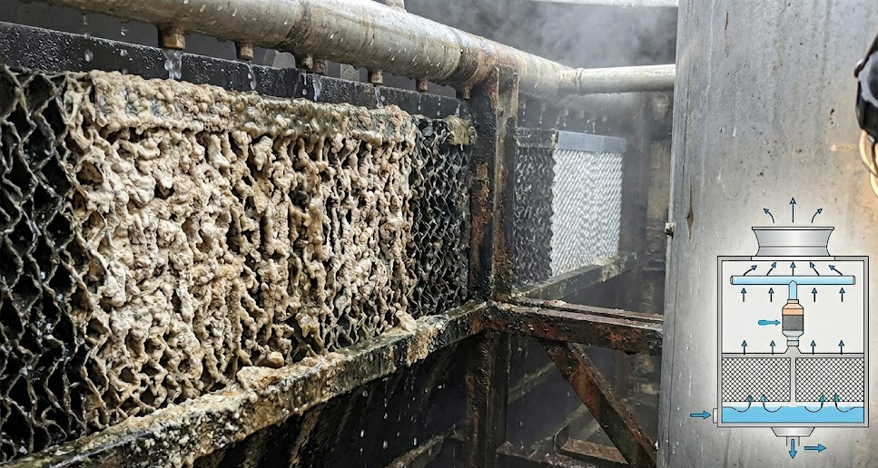 Heavily fouled cooling tower fill media with mineral scale and biofilm buildup inside system.