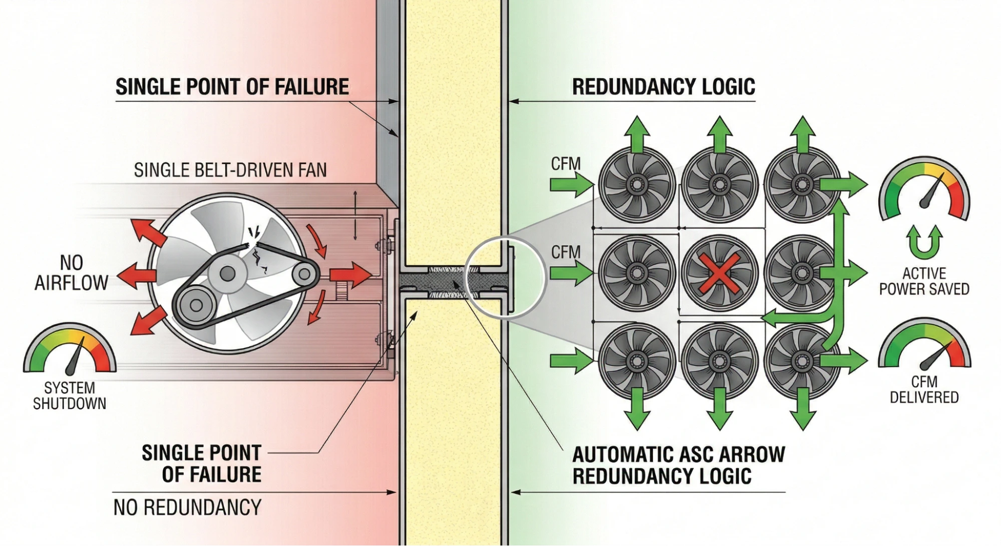 Diagram comparing single fan failure in HVAC system versus redundant multi-fan setup.