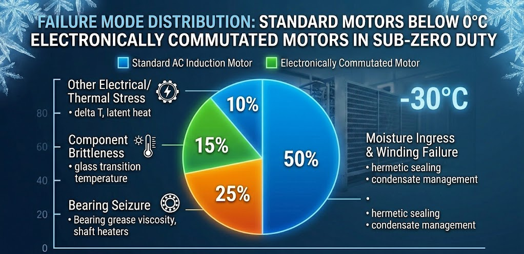 Pie chart of motor failure modes below 0°C: moisture ingress 50%, bearing seizure 25%, component brittleness 15%, thermal stress 10%.