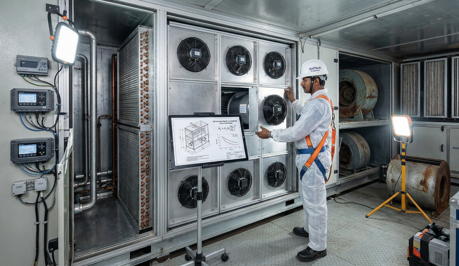 Skilled technicians install a modular IE5 EC fan array retrofit in an AHU, replacing an old centrifugal fan
