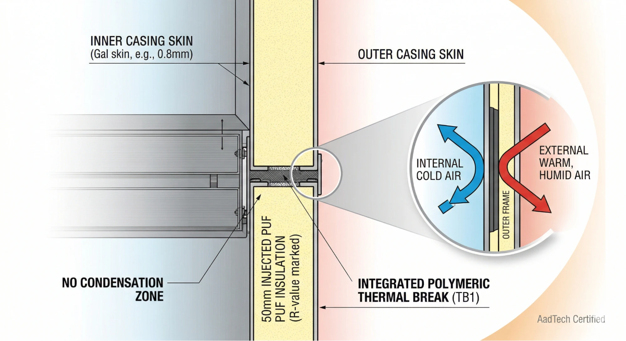Diagram showing thermal break insulation preventing condensation in HVAC panel systems