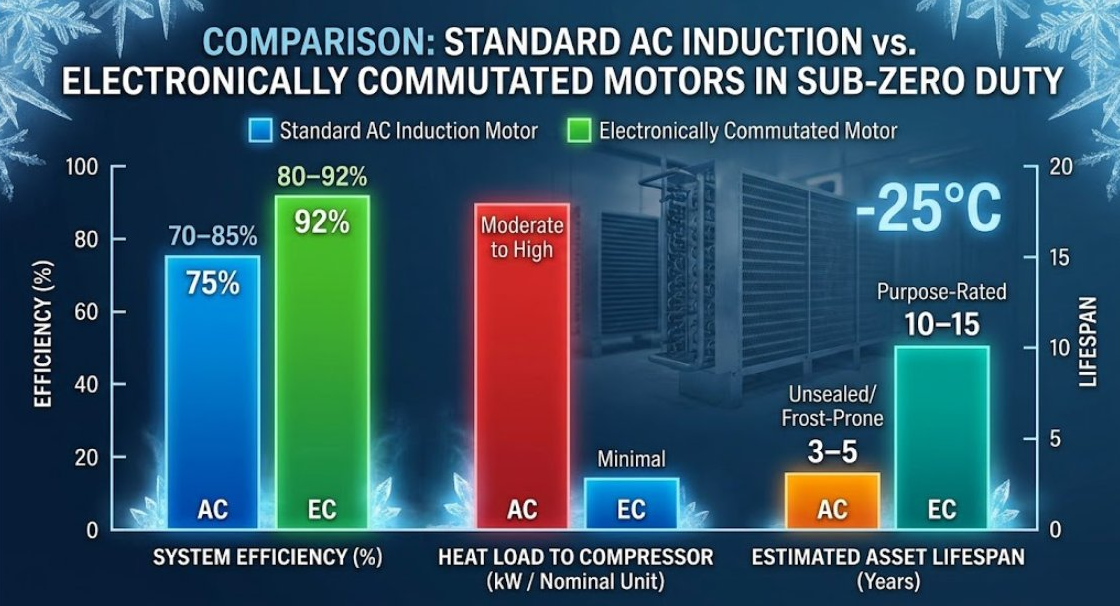 Bar chart comparing AC vs. EC motors at -25°C: EC motors lead in efficiency (92%), lifespan (10–15 yrs), and compressor heat load (minimal).