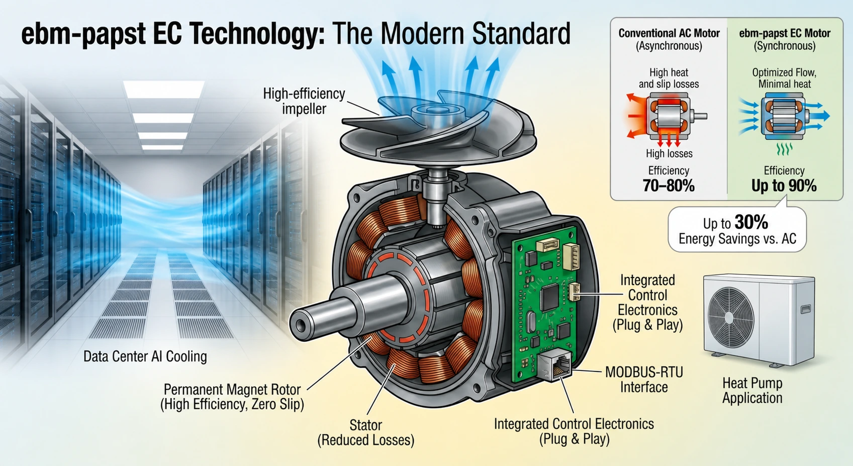 ebm-papst EC motor technology showing high efficiency impeller, integrated control electronics, and energy savings in HVAC systems
