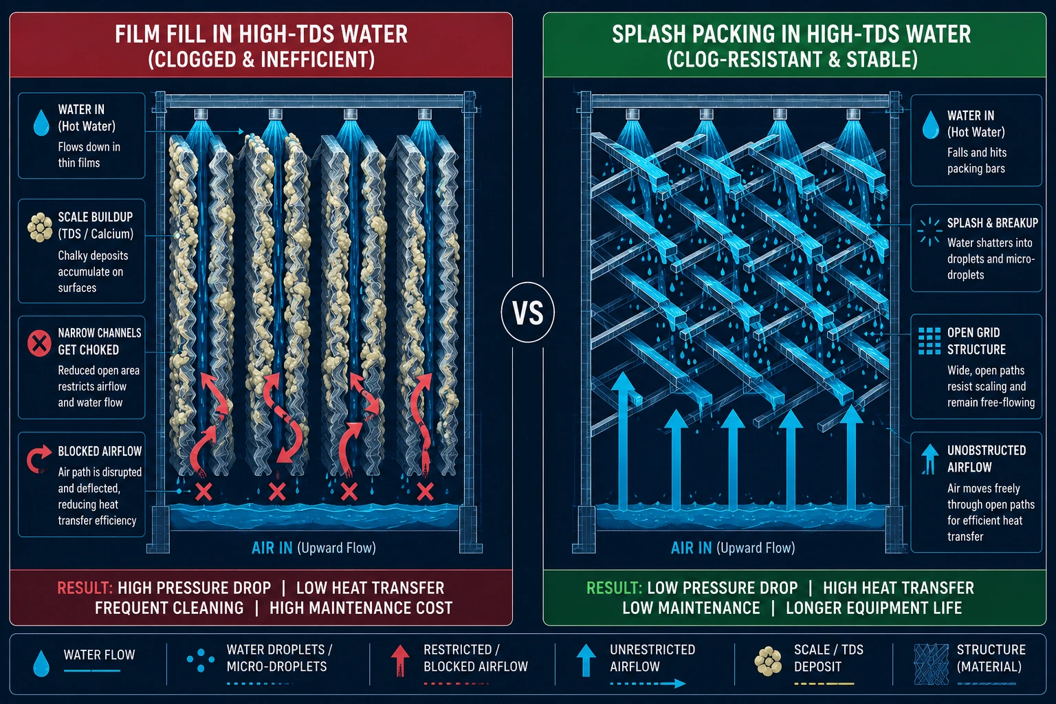 Comparison infographic of film fill and splash packing systems in high-TDS cooling tower water applications