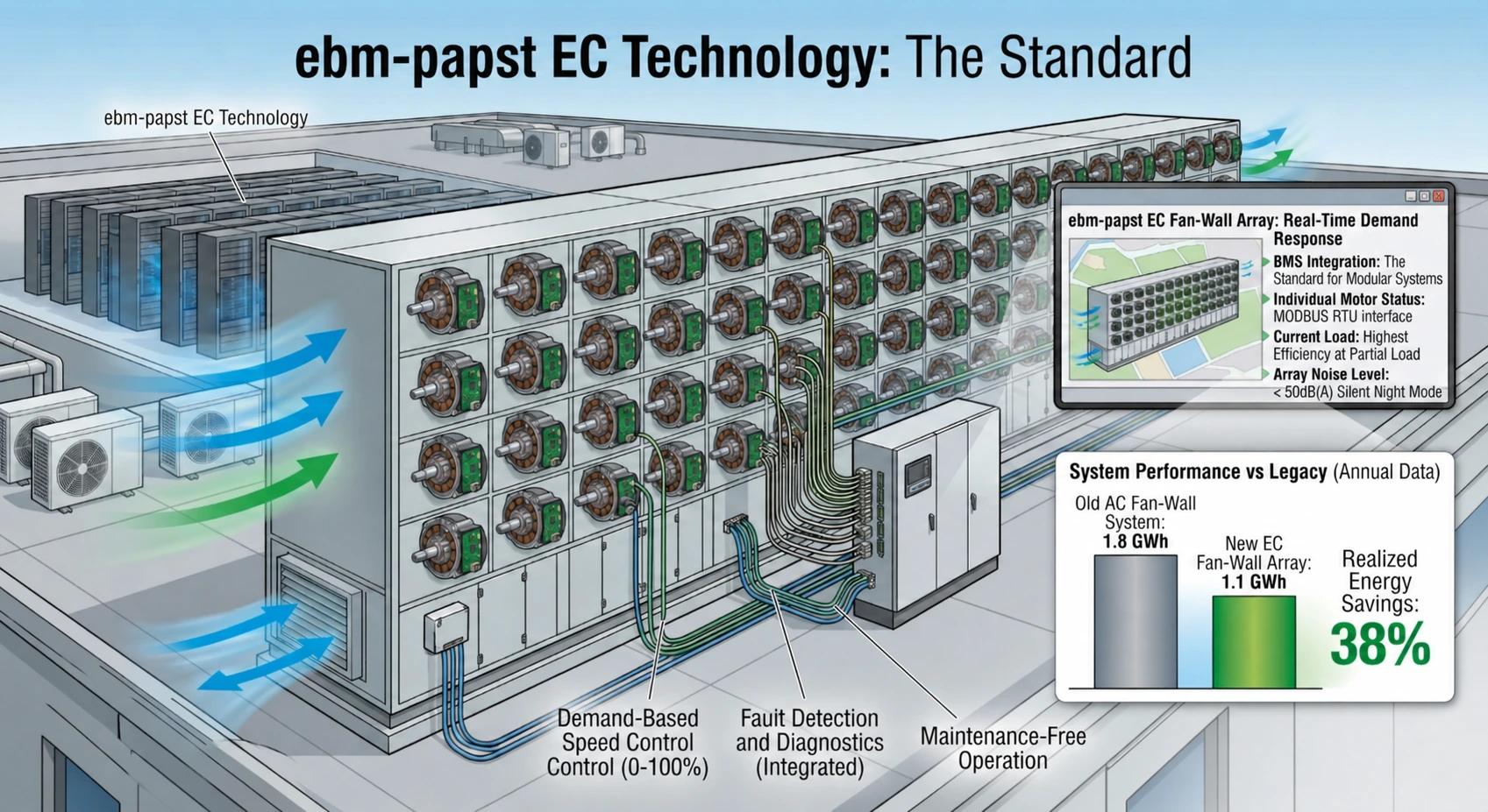 ebm-papst EC fan wall technology used in HVAC system for energy-efficient air handling and cooling