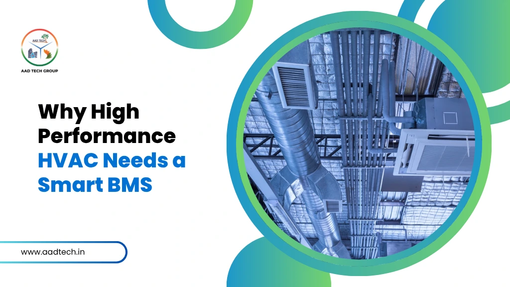 High-performance HVAC system with ductwork and air distribution components supported by a smart Building Management System (BMS) for efficient operation.