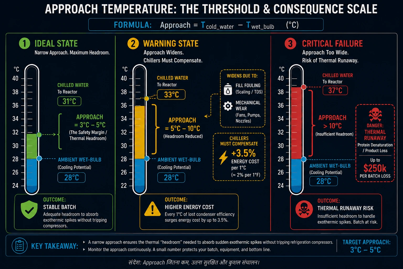 Infographic explaining approach temperature thresholds in industrial cooling systems and the risks of thermal runaway failure