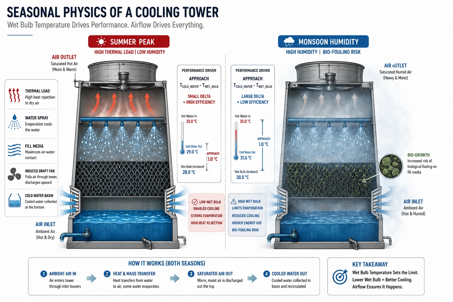 Cooling tower seasonal performance comparison showing summer heat load and monsoon humidity impact on cooling efficiency.