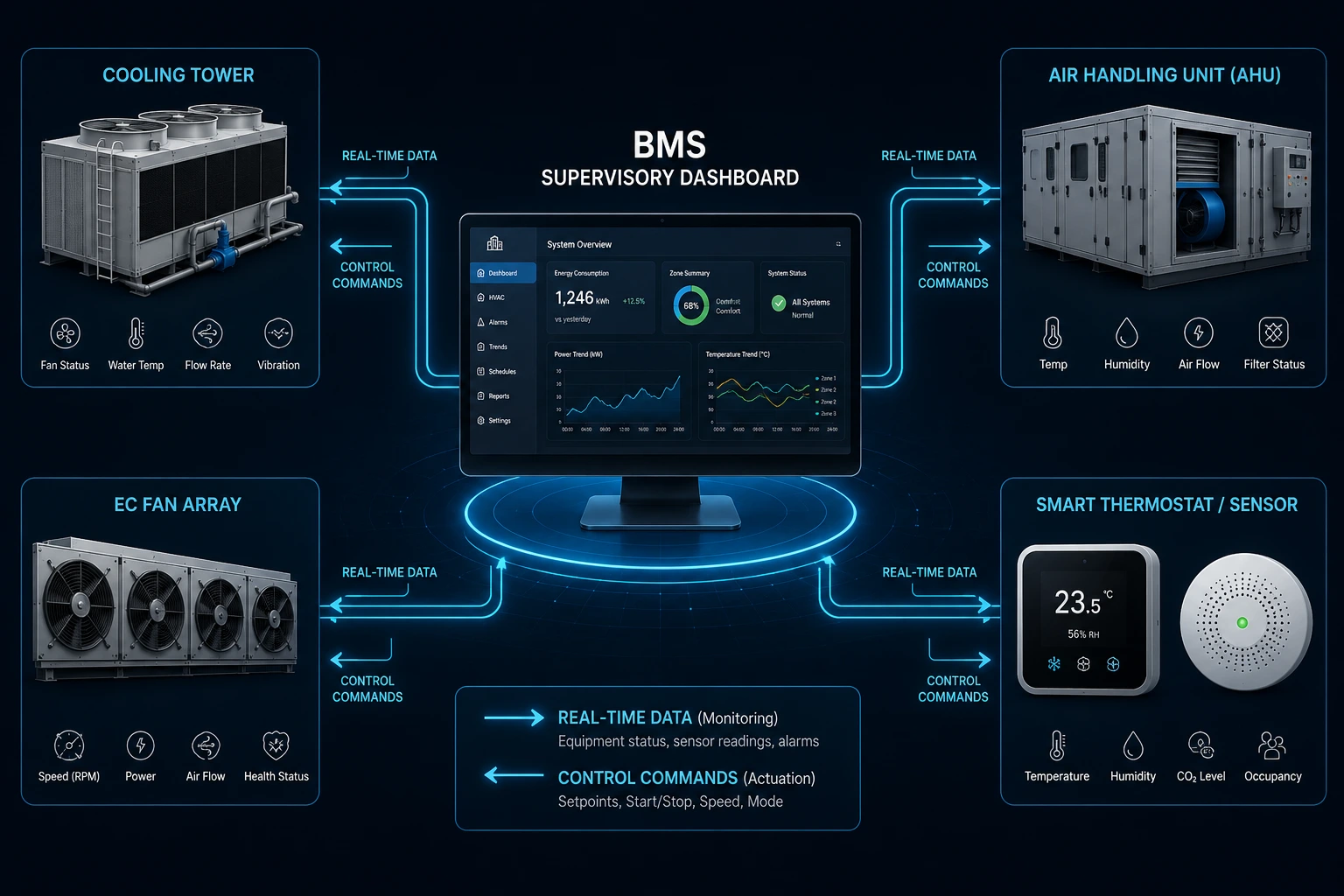 Building Management System (BMS) dashboard connecting cooling towers, AHUs, EC fan arrays, and smart sensors for centralised HVAC monitoring and control.