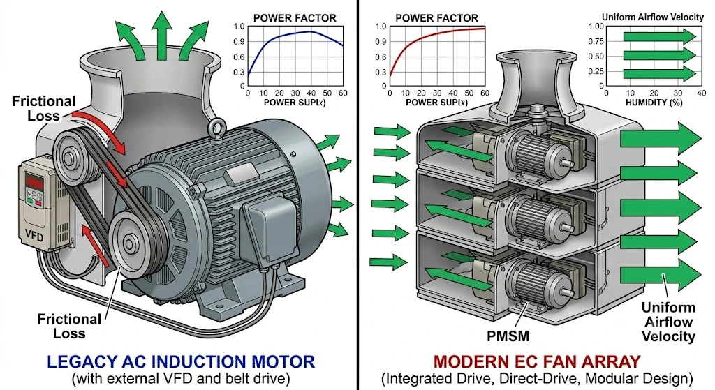 Comparison diagram of a legacy AC induction motor with a modern modular EC fan array, highlighting airflow, efficiency, and direct-drive design.